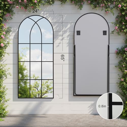 Image of Arched Window pane Full Length Mirror 24 inchx65 inch, Full Body Standing Mirror, Window Shaped Farmhouse Style with Aluminum Frame, Decor Wall Mirrors for Living Room, Courtyard, Bedroom, Entryway, Black