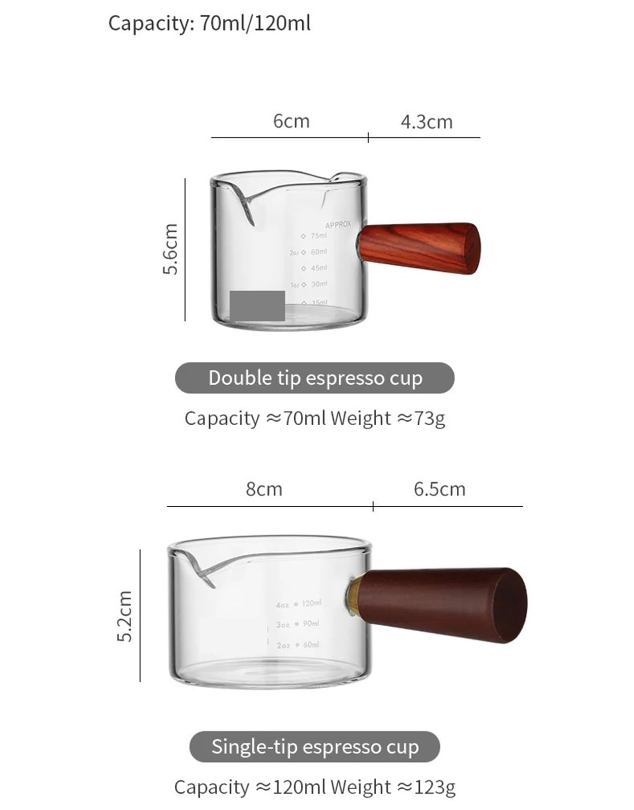 Taza de extracción de Espresso con escala, taza medidora de vidrio, taza de Espresso con mango de madera, taza de leche pequeña, jarra de leche, taza de onzas, 120ml, 2 uds. Para Barista(120ml)
