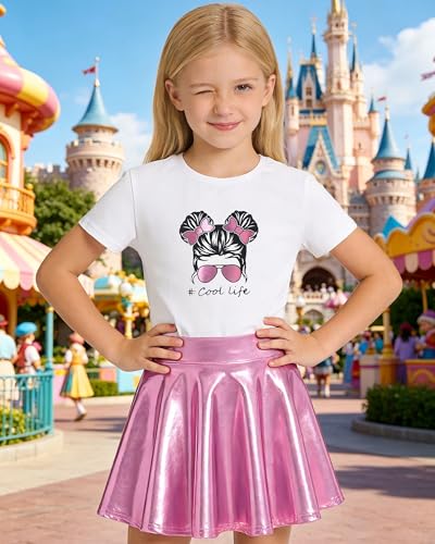 Image of Betusline Girls 2 Piece Outfits Short Sleeve Crop Top and Metallic Skater Skirt Set for Kids Dance Party Tennis, 4-14Y