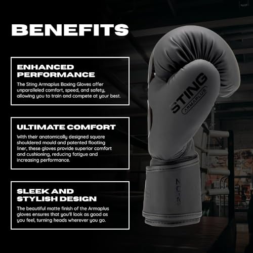 Image of STING Armaplus Boxing Gloves, Black, 10oz | T3 Outer Material and Floating Liner System | Hi Flow Core Padding | Square Shoulder Mould Design | Wrist Support Strap