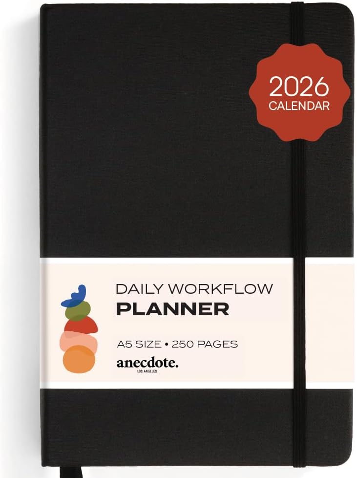 Anecdote Daily Planner w/ 2026-2027 Calendar | Start Anytime 26 Weeks Undated | 1 Page per Day | 8.5" x 5.2" | Hardcover To-Do List Organizer, Plan Your Success, Achieve Productivity Goals (Black)