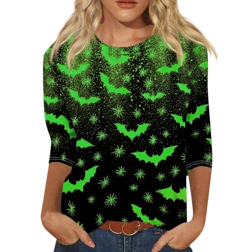 Image of Women Spooky Halloween Graphic Shirt 3 /4 Length Sleeve Crewneck Top | Halloween Funny Printed Pumpkin Plus Size Tshirts 2026 Fall Outfits Skeleton Tee Going Out Tops