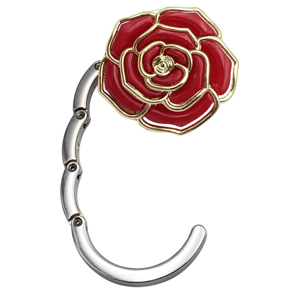 Monochrome red Rose Design Foldable Alloy Handbag Hook – Portable Folding Tableside Bag Hook for Women, Students, Small Gift, Wallet & Desktop & Schoolbag Use