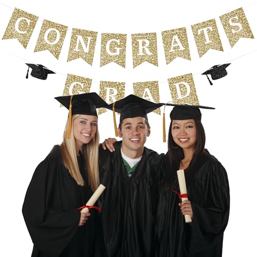 Image of Congrats Grad Banner Gold Glitter Pre-Strung Congrats Grad Sign Decorations - 8ft -No DIY - Graduation Party Decorations for Class of 2026 Graduation Decorations