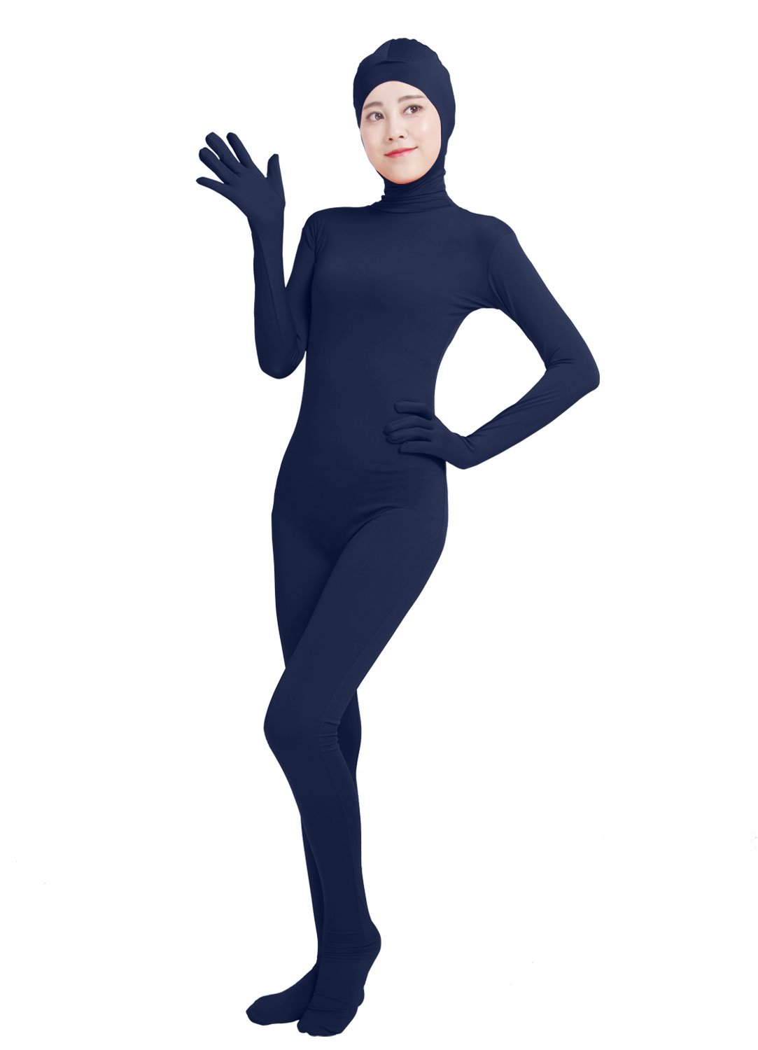 HSEMLIOE Women Open Face Spandex Skin Tight Zentai Stretch Halloween Costume Navy Blue