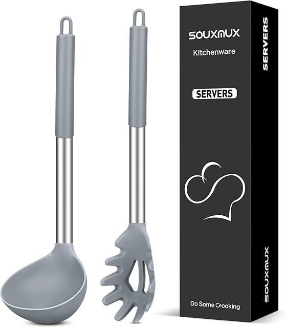 Silicone Pasta Fork and Soup Ladle Set, Non-Stick BPA Free Heat-Resistant Handy Kitchen Utensils for Cooking, Serving, Draining, Stirring (Grey)