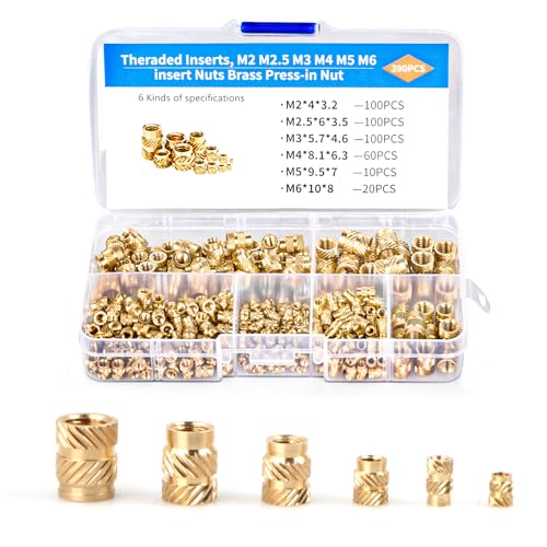 Inserto Roscado, 390 Piezas Tuercas Moleteadas de Latón M2/M2.5/M3/M4/M5/M6 Métricas Hembra Knurled Threaded Insert para Piezas de Plástico o Piezas de Impresión 3D Mediante Ultrasonidos