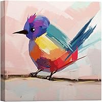 SIGNWIN Canvas Wall Art Cute Rainbow Color Old World Flycatcher with Red Feather in Pink Background Birds Oil Painting Minimalism Modern Colorful for Living Room, Bedroom, Office - 12x12 inches