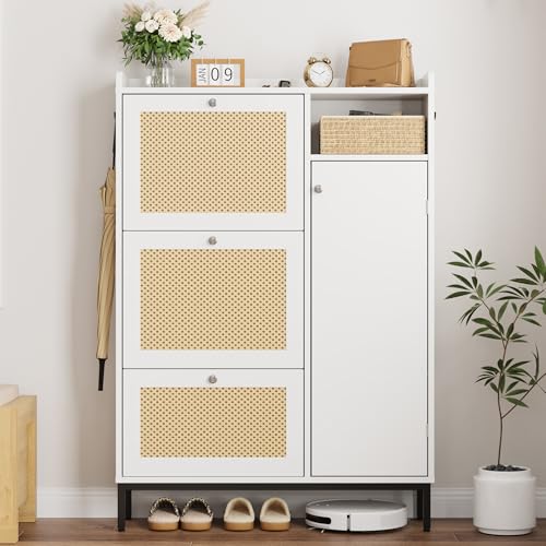 GarveeHome Shoe Cabinet Rattan with 3 Flip Drawers and 4-Tier Shoe Storage Cabinet, Freestanding Shoe Organizer with Adjustable Shelves for Entryway, Closet, Hallway (White)
