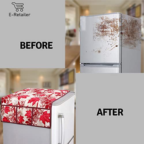 Image of Polyester 3-Layered Fridge Top Cover /Refrigerator Cover with Utility Pockets and Set of 4 Pc Fridge Mats (Color-Floral Red, Size-39x21 Inches)