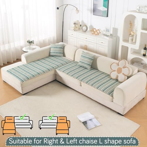Image of HOKIPO L Shape (2+2 Seater) Sofa Cover Seat Mat | 300 GSM Cotton Acrylic Jacquard Fabric with Tassel, 'Trivana Series' Olive Green (IN-934+935-J1)