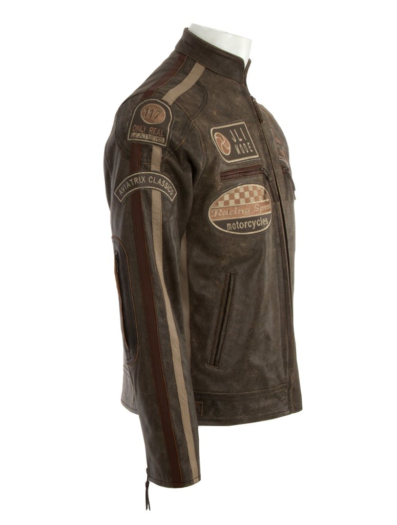 Aviatrix Chaqueta Biker De Cuero Autentico para Hombre con Cuello De Banda y Distintivos De Moto (CXUS)