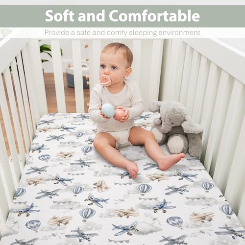 Image of Vintage Planes Airplanes Helicopters Baby Crib Sheets Boy Girl 28 inchx52 inch Hot Air Balloon Plane Clouds Sky Soft Stretchy Fitted Crib Mattress Cover Baby Sheet for Standard Crib & Toddler Mattress Pad