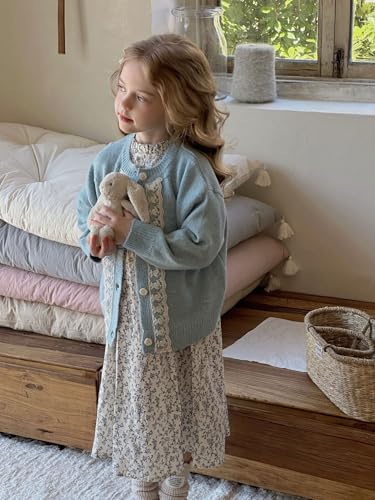 Vintage Floral Cotton Dress, Long Sleeve, High Neck, White and Blue Pattern, with Pleated Details3