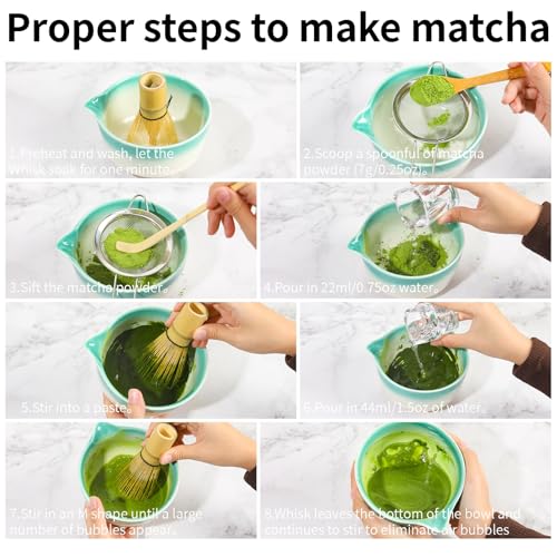 12 Pcs Matcha Whisk Set - Matcha Set Includes Ceramics Matcha Bowl and Cup, Matcha Kit for Ceremony Making Tools, Gift for Family/Friend (Gradient white-green) — view 6