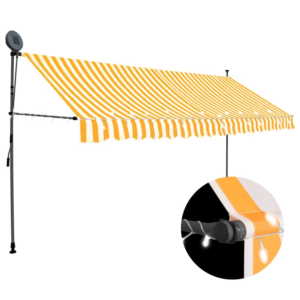 vidaXL Manual Retractable Awning with LED, Robust Steel Frame, White and Orange, Water-Protection Coating, Adjustable Height and Angle, Solar Power Lighting