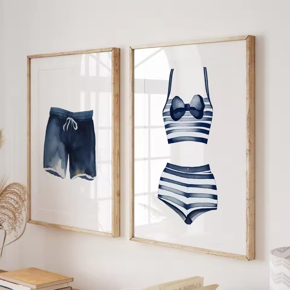 DIHANSM Leinwandposter mit blau-weißen Badeanzügen, moderner minimalistischer Bikini-Kunststil, Heimdekoration (30 x 40 cm x 2 Stück/Galerie-Leinwand)