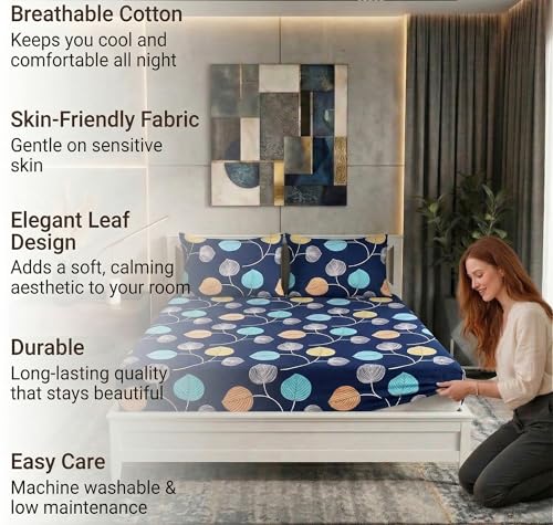 Image of BSB HOME 210 TC Cotton Double Bedsheet with 2 Pillow Covers, Soft Breathable Fabric, Elastic Fitted Sheet, Wrinkle Resistant, Deep Pocket Fit - 78 x 72 + 10 Inches (Midnight Navy)