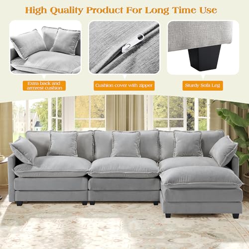 Image of 113.4 inch Modular Sectional Sofa,L Shaped Couch for Living Room,Modern Deep Seat Sofa 3 Seater Chenille Fabric Comfy Cloud Couches with Throw Pillows & Movable Ottoman