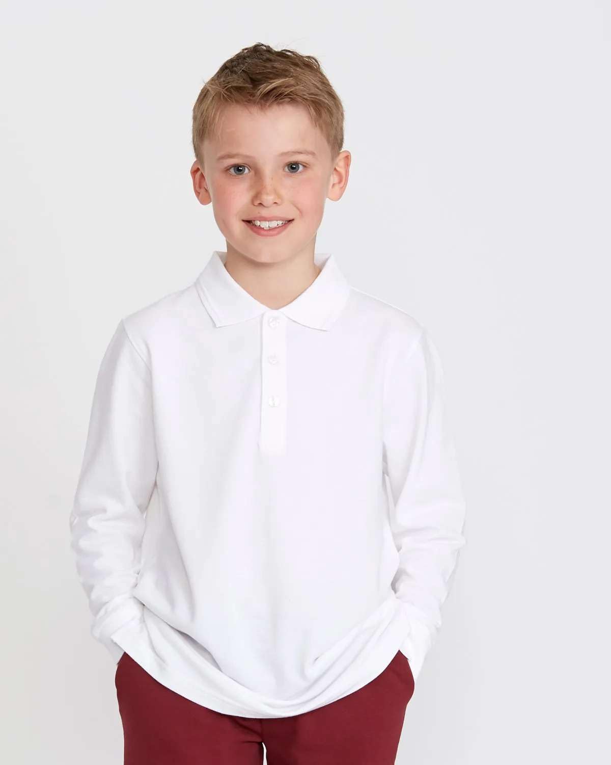 Listers Schoolwear Età 3-16 Bianco 100% Cotone Scuola Plain Polo Manica Lunga Bambini Ragazzi Ragazze P.E.