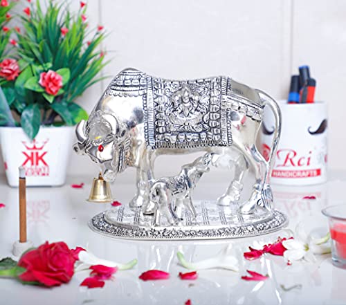 Image of KridayKraft Kamdhenu Cow with Calf Metal Statue for Good Luck, Feng Shui As Table Top Figurine, Vastu, Religious Gau Mata Idol Home, Office and Table Decorative (Silver, Standard)