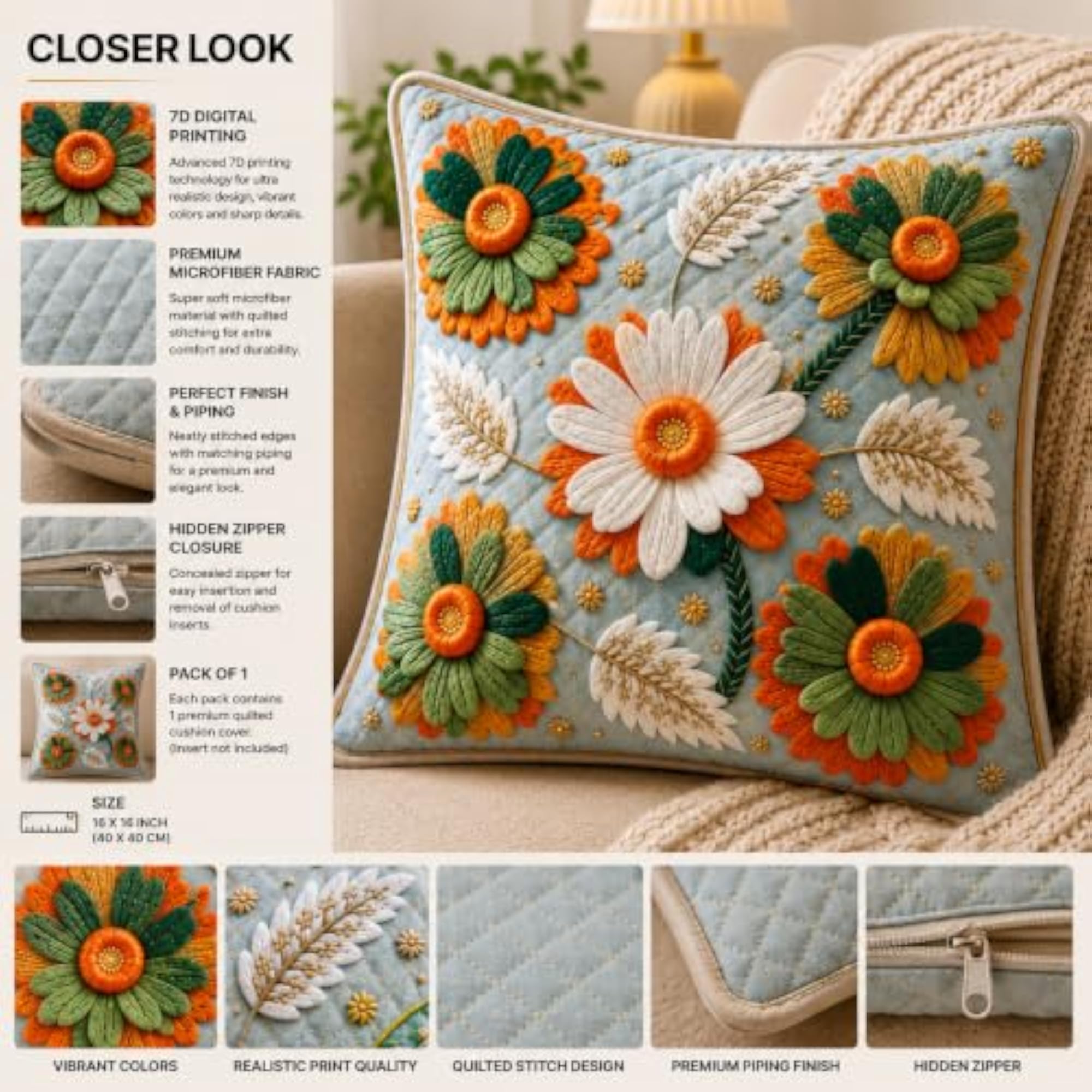Floral Quilted Cushion Cover, Microfiber Blue