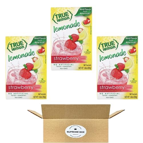 TRUE LEMON - Mezcla de bebida de limonada de fresa, hecha de fresa real, sin conservantes, sin edulcorantes artificiales, sin gluten, paquete de 3