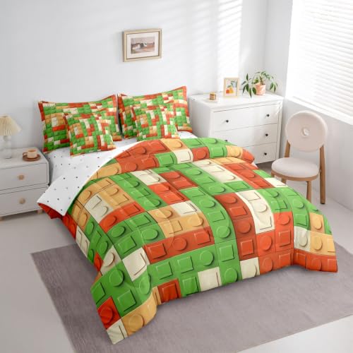 Image of Feelyou Building Block Print 7 Piece Bedding Set Full Size Kids Brick Styles Comforter Set with Sheets for Boys Teens Colorful Gaming Bed in a Bag Green Red Yellow Room Decor