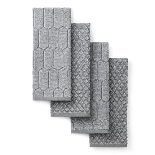 Martha Stewart Honeycomb Chambray Textured Kitchen Towel 4-Pack Set, 100% Cotton with Absorbent Terrycloth, Decorative Kitchen Towels, Grey, 16