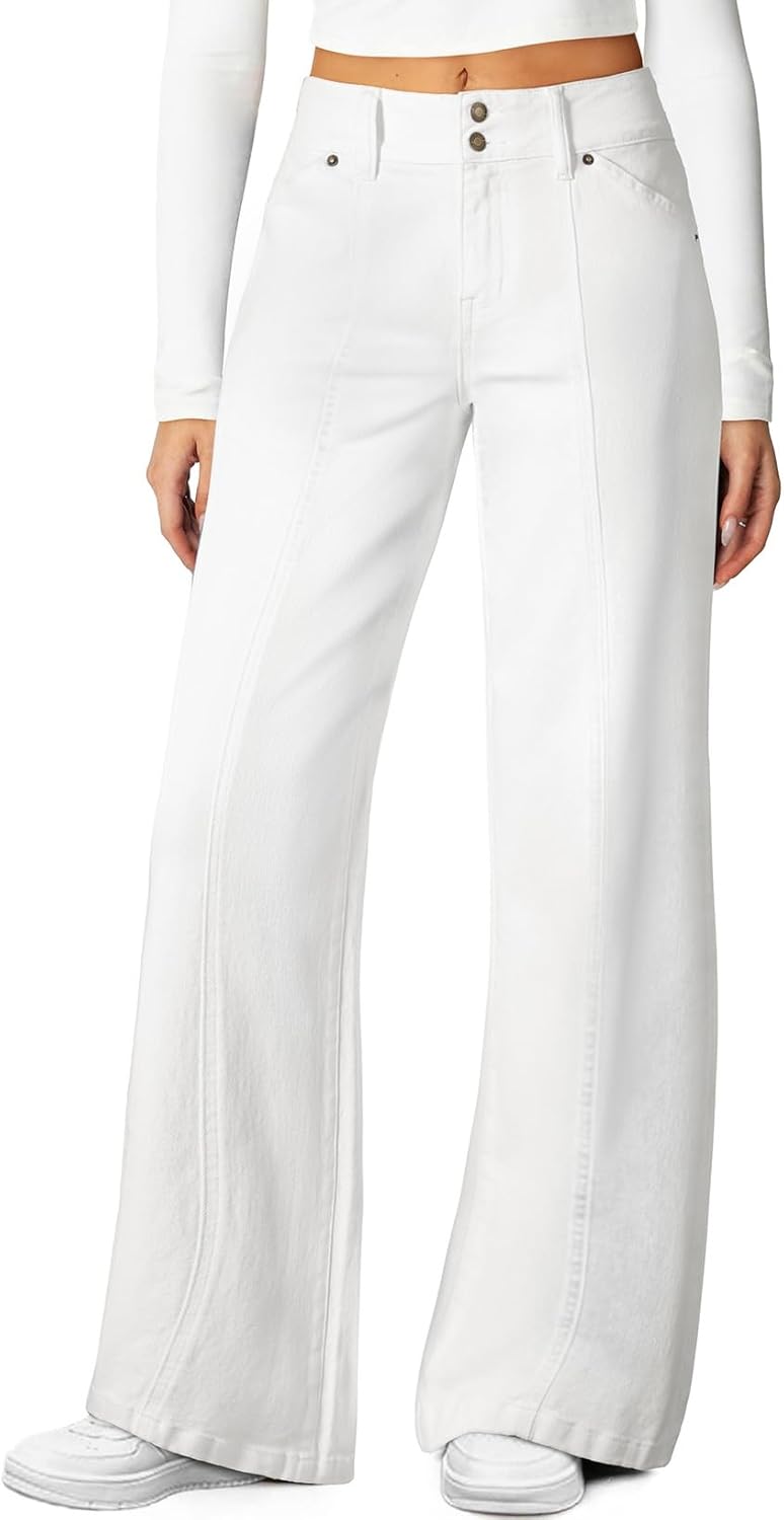 Sidefeel Women's Wide Leg Jeans High Waisted Stretchy Straight Leg Jeans Trendy Seamed Front Loose Denim Pants