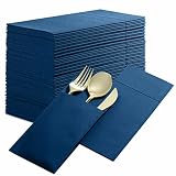 Disposable Linen-Feel Dinner Napkins with Built-in Flatware Pocket, 50-Pack DARK BLUE Prefolded Clot