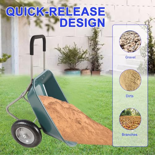 Dual Wheel Wheelbarrow, Heavy Duty Garden Cart, 300 lbs Capacity Utility Cart with Two 15 inches Pneumatic Tires for Outdoor Lawn Yard Farm Ranch (Green)