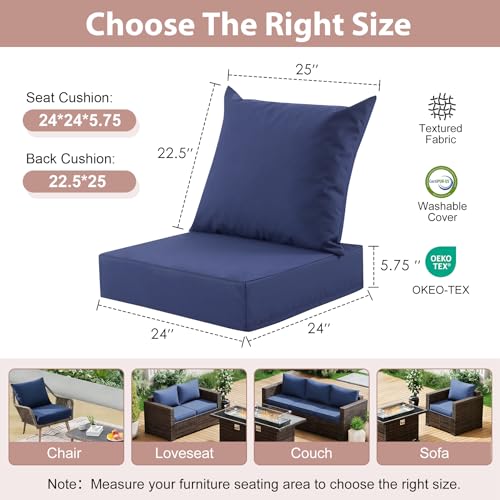 Image of Outdoor Deep Seat Cushion Set, 24x24 Inch Water-Resistant & Fade-Resistant Outdoor Chair Cushions, Patio Furniture Cushions with Removable Cover for Patio Chair, Sofa,Navy Blue (Set of 1)