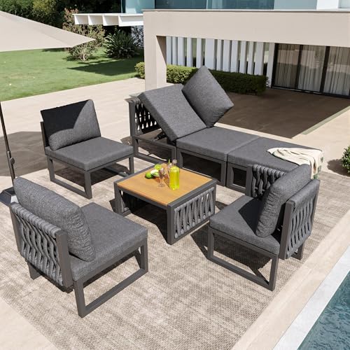Tcewhhy Conjunto de Muebles de jardín con Cojines de Asiento y Respaldo, Tumbona de jardín para 6 Personas, Hamaca Doble para Exteriores, Respaldo con ángulo Ajustable, Color Gris.