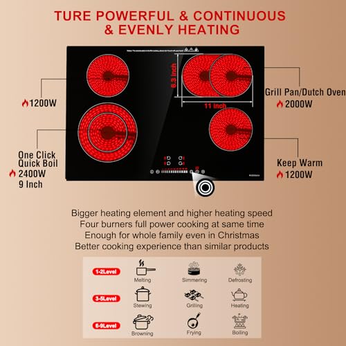 ECOTOUCH 30 Inch Electric Cooktop 4 Burners,Fast Heat,Built-in,Quick Boil,Dual Ring,Hot Surface Indicator,30" Ceramic Glass Radiant Electric Stove Top,220-240v,Hard Wire
