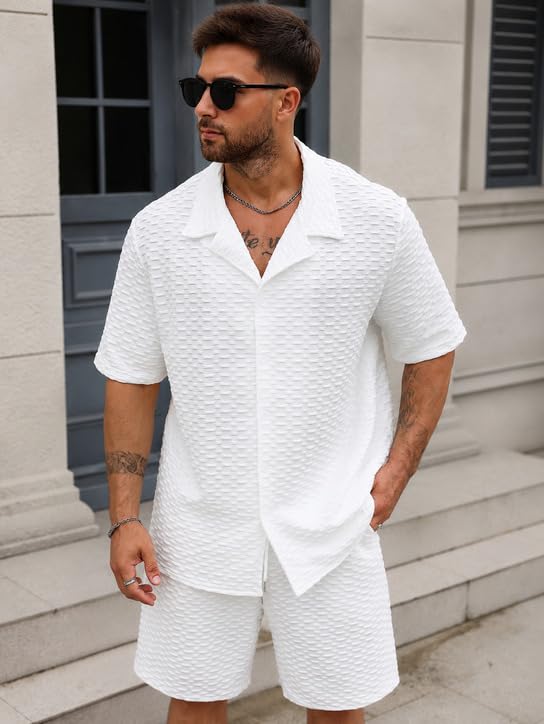 Image of Zilcon Men's Textured Co-Ord Set | Half Sleeve Cuban Collar Shirt & Shorts | Casual Summer Lounge Wear | Premium Matching Outfit