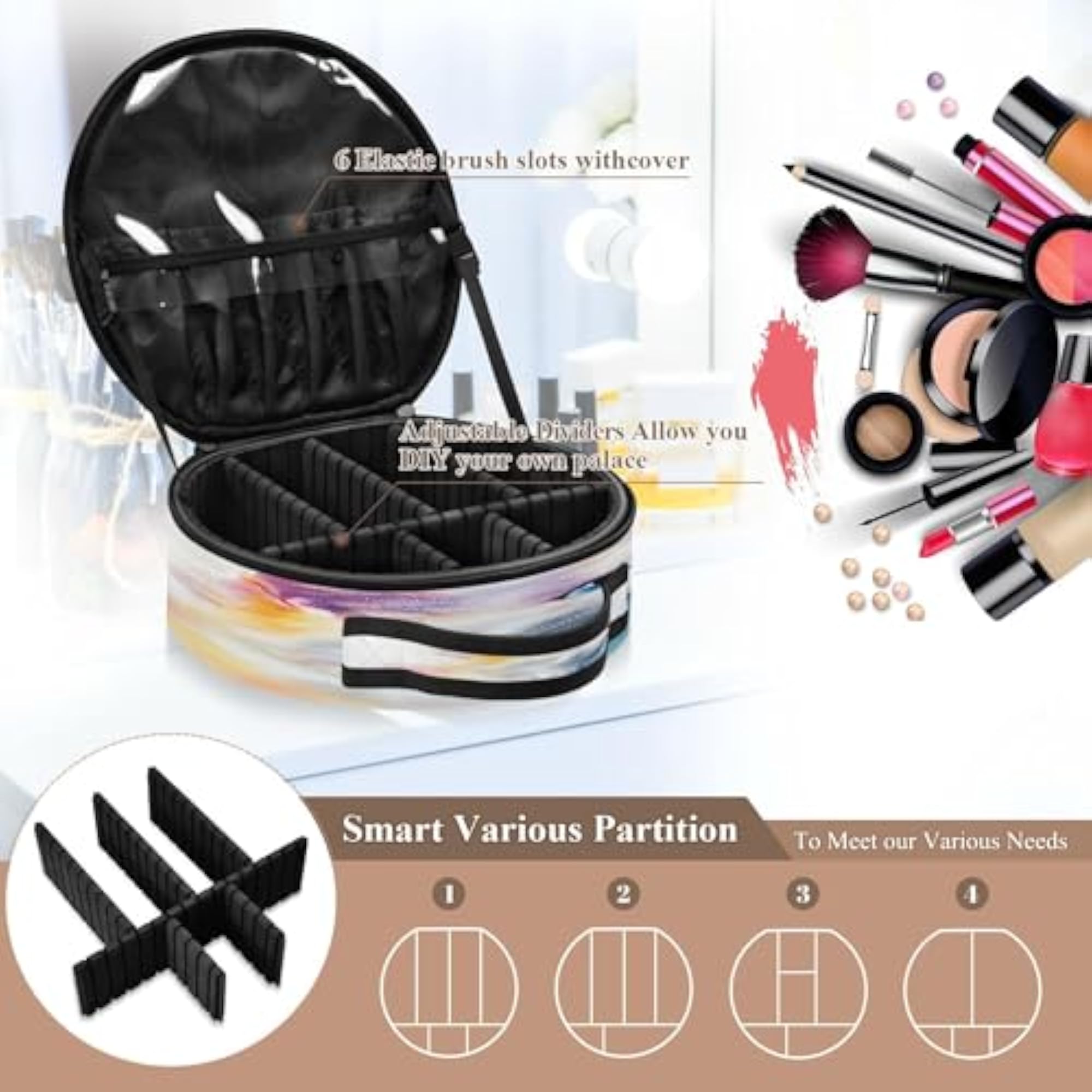 Watercolor Cat Travel Makeup Case with Adjustable Dividers