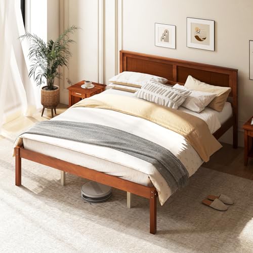 Image of GIANTEX Queen Wood Platform Bed Frame with Headboard, Mid Century Queen Bed Frame with Wood Slat Support, Solid Wood Foundation with 16 inch Under Bed Storage, No Box Spring Needed, Easy Assembly