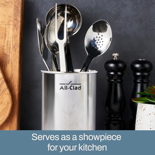 Image of All-Clad 5-Piece Stainless Steel Kitchen Utensil Set - Includes Ladle, Solid Spoon, Slotted Spoon, Turner & Storage Caddy - Heavy-Gauge, Ergonomic, Dishwasher Safe, Silver (Pack of 2)