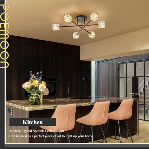 Image of Black Gold Crystal Semi Flush Mount Ceiling Light Fixture Industrial 26 inch Sputnik Chandeliers 6 -Light Modern Chandelier for Foyer Entryway Kitchen Bedroom Living Room Dining Room