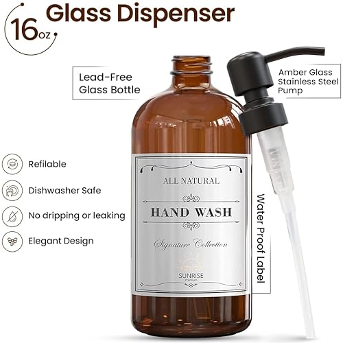Image of Sunrise Premium 4 Pack Amber Glass Soap Dispenser 16 OZ with Matte Black Stainless Steel Pump, Hand and Dish Soap Dispenser Set for Bathroom and Kitchen Sink with 12 Waterproof Labels