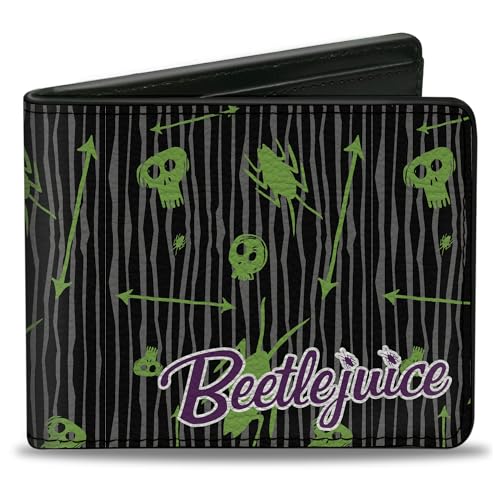 Buckle-Down Men's Horror Movies Wallet, Bifold, Beetlejuice Roach Skull Doodles Black Gray Green Purple, Vegan Leather, 4.0