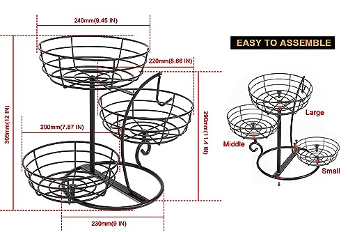 Livabber Fruit Basket Bowl with Banana Hanger, Fruit Vegetable Storage Basket with Banana Tree Holder for Kitchen Counter, Detachable Organizer for Bread Snack Produce (Black, 3-Tier Metal Base) by Livabber - Image 2