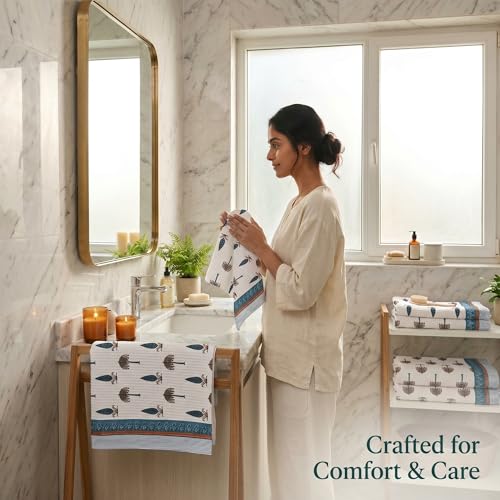 Image of Mafatlal Madhuban Soft Cotton Bath & Hand Set (1 Bath 147x76 cm + 2 Hand 76x38 cm) | 250 GSM | Absorbent, Floral Hand Print | Lagoon