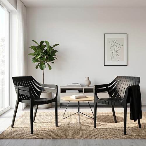 Image of OAKNEST Supreme Spectrum Plastic Arm Chair - Modern Slatted Stackable Chair for Living Room, Dining, Garden, Balcony, Restaurant & Cafe | Weatherproof Indoor Outdoor Designer Chair, Set of 2, Black