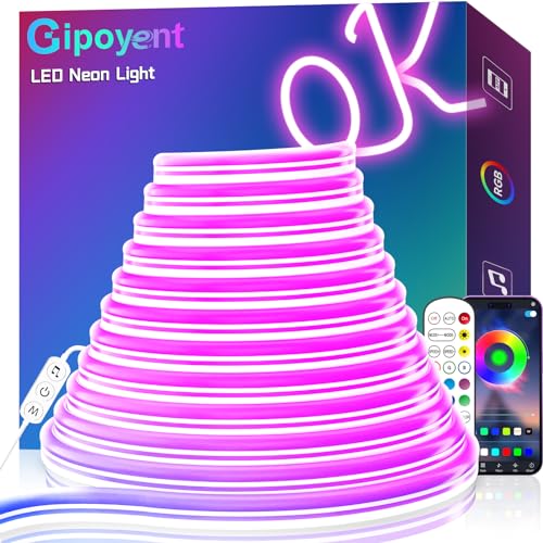 GIPOYENT LED Neon Rope Lights,16.4ft RGB LED Strip Lights, Music Sync LED Color Changing Waterproof Rope Light with App/Remote Control,Neon Light for Game Room, Living Room, Bedroom Wall Decor
