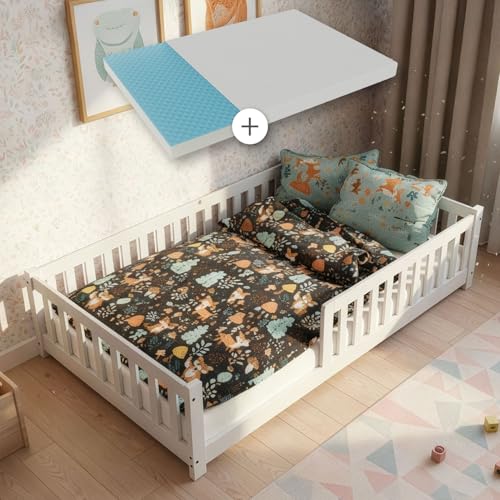 Juskys Kinderbett Naya - 120x200 cm Bett mit Matratze, Rausfallschutz & Lattenrost - Holz Bodenbett für Kinder 3-10 Jahre - Bettgestell Weiß