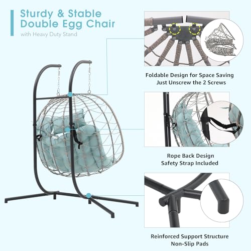 Patiorama 2 Person Double Egg Swing Chair With Stand Indoor Outdoor, Patio Wicker Rattan Hanging Egg Chair W/Cushion, Pillow, Foldable Hammock Chair 550Lbs For Bedroom thumb #3