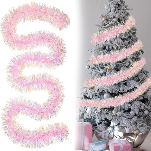 GYTFOG 5 Packs Pink Christmas Iridescent Tinsel Garland Metallic Sparkling Tinsel Christmas Tree Decorations Xmas Party Decorations 2m x 9cm Hanging Tinsels Decoration Applicable Xmas Trees Stairs