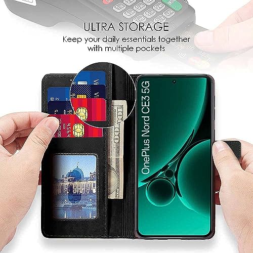 Image of WOW IMAGINE Shock Proof Flip Cover Back Case Cover for 1+ OnePlus Nord CE 3 5G (Flexible | Leather Finish | Card Pockets Wallet & Stand | Black)